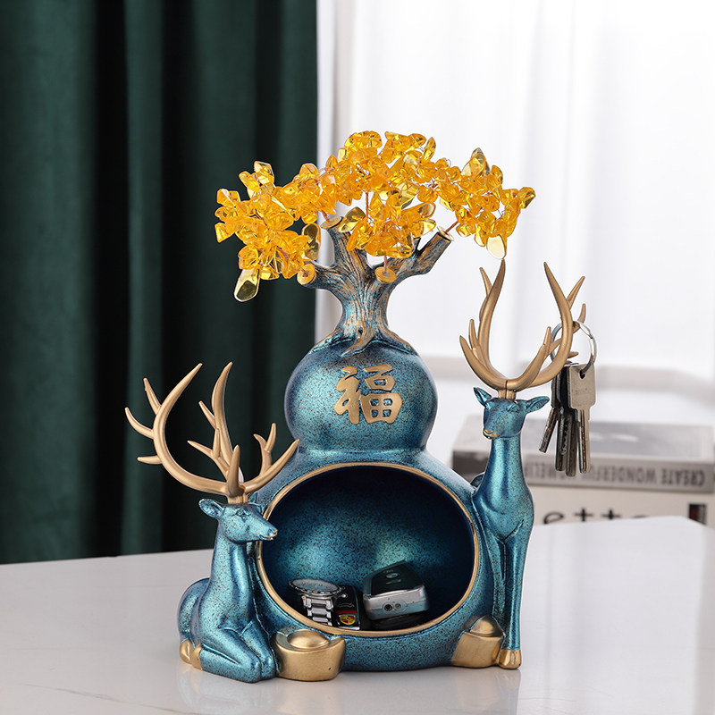 进门口鞋柜放钥匙的玄关电视柜收纳盒招财树鹿摆件新中式北欧饰品