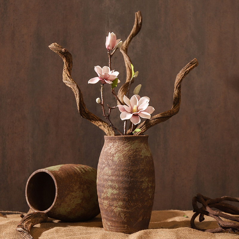 中式古典单支高仿真小玉兰粗陶瓶花艺套装古香pu木棉花假花艺摆件