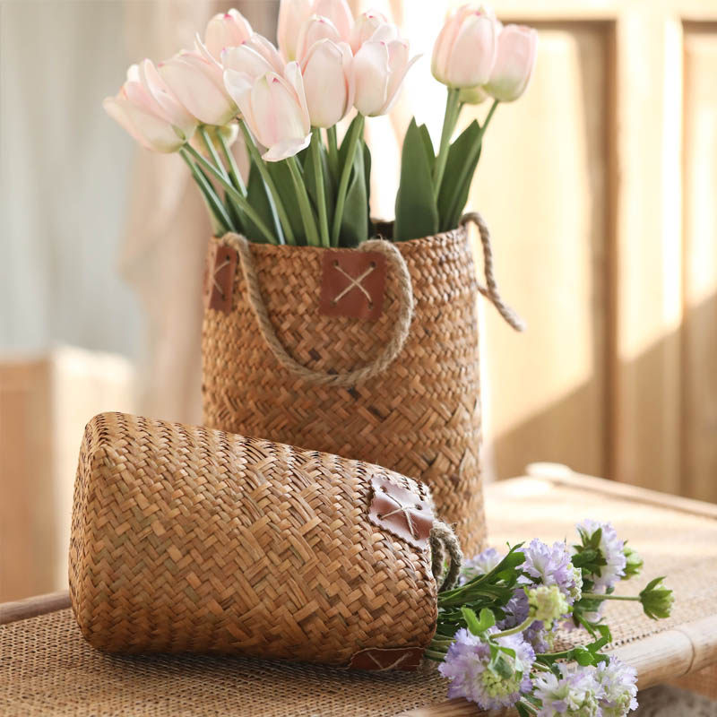 鸟与花家手工麻绳双耳草编小花花篮大小小号美式花篮