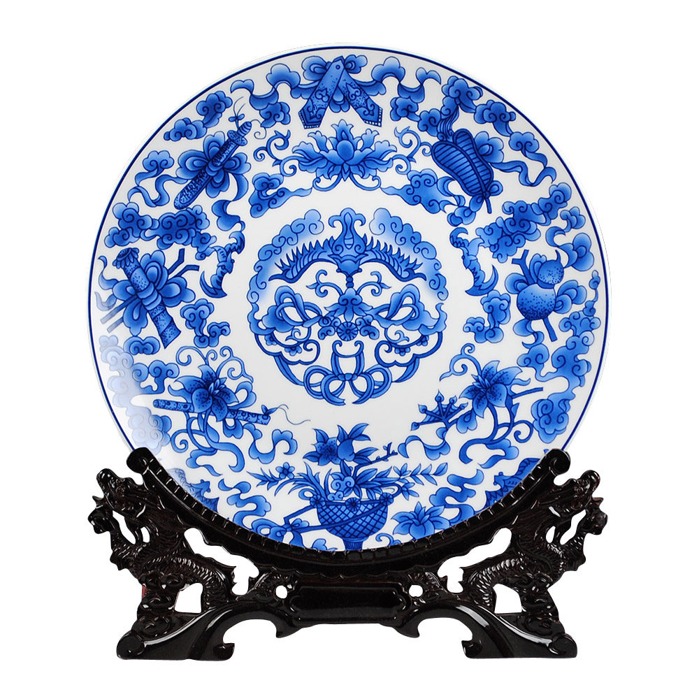 景德镇陶瓷器 青花瓷如意挂盘装饰盘子 现代中式古典客厅家居摆件