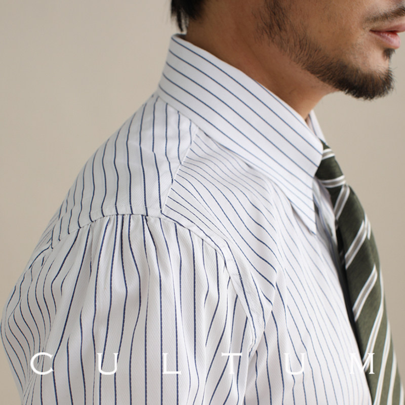 cultum100%新疆长绒棉意式长尖领条纹衬衫长袖衬衫