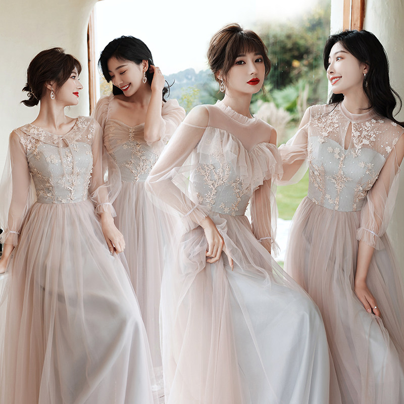 伴娘粉色服女2022新款长款婚礼晚礼服气质姐妹礼服