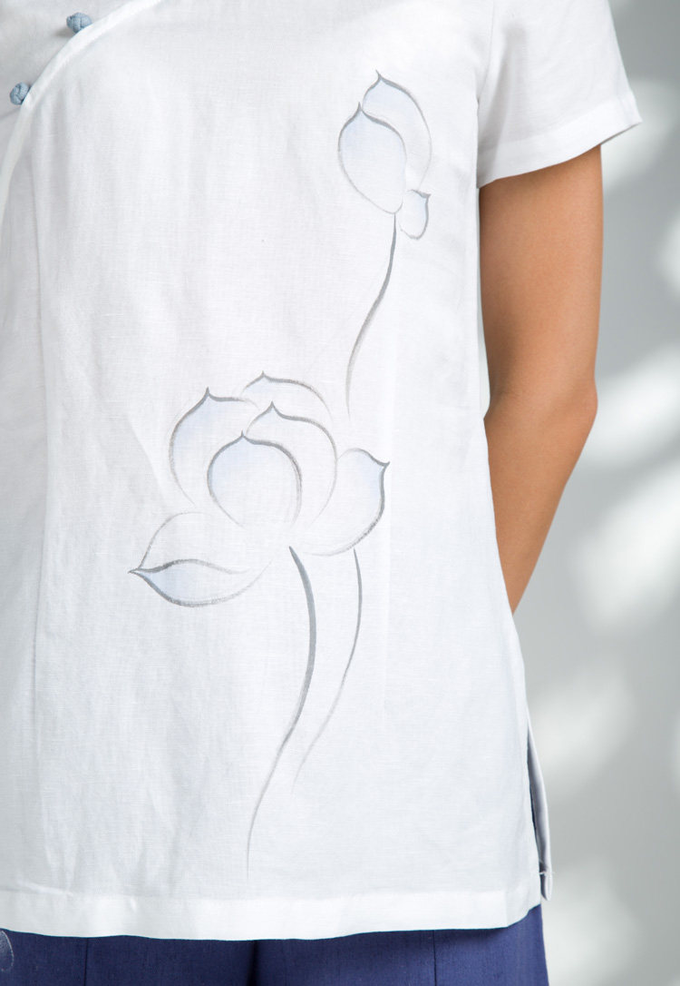 慈缘原创中国国风水洗手绘荷花民族风中式盘扣衬衫