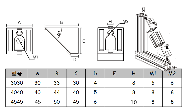 45度斜边角件 3030/4040/4545斜角角码 45°连接器连接件三角件