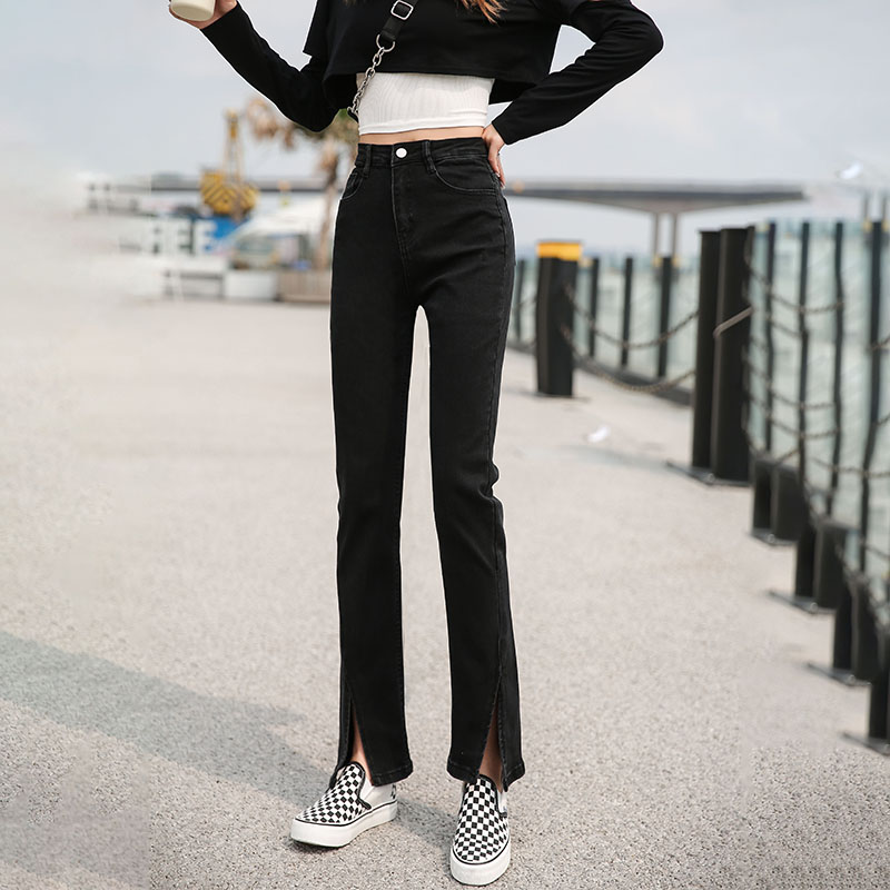 小米熊开叉牛仔裤女秋装新款黑色微喇高腰显瘦阔腿小个子喇叭裤子