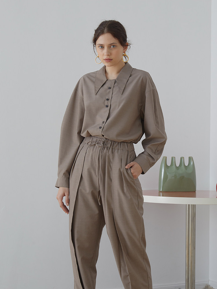 lingyili2020春季新款灰咖色法式极简剪刀长袖衬衫