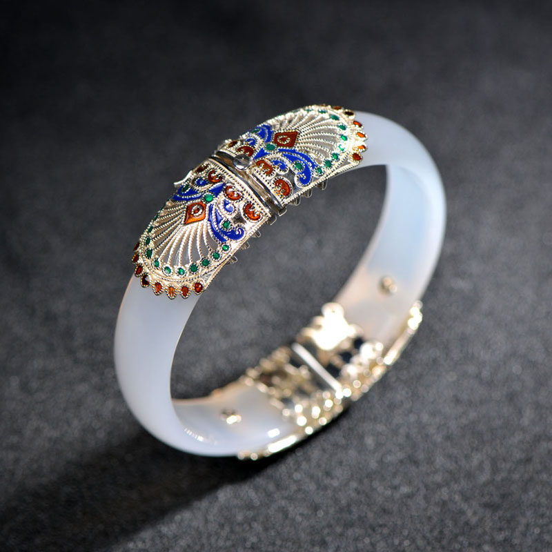 非常泰玉髓景泰蓝s925银手镯泰银珐琅彩女士