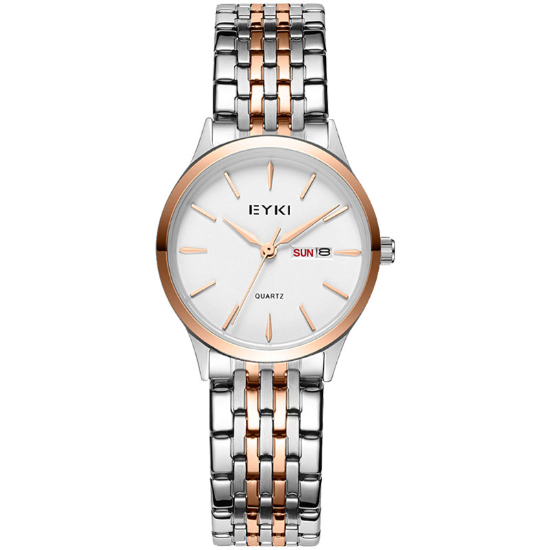 手表艾奇休闲简约双历显示女表钢带ins学生国产腕表