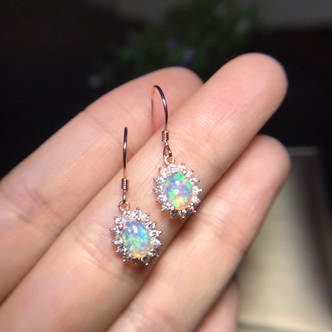 s925银镶天然欧泊耳坠主石尺寸7mm耳饰