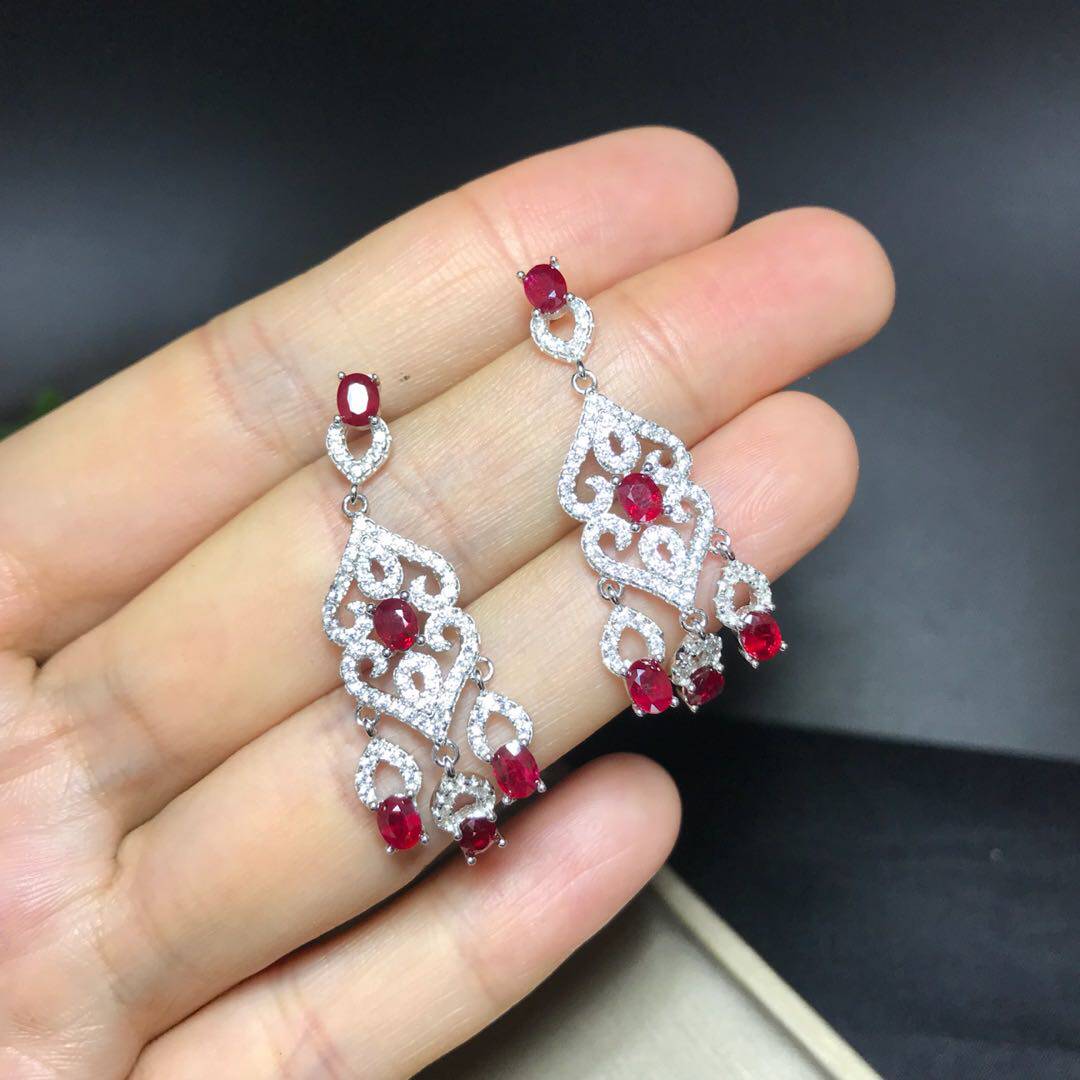 红宝石耳坠银镶天然血红主石流苏豪华设计耳环