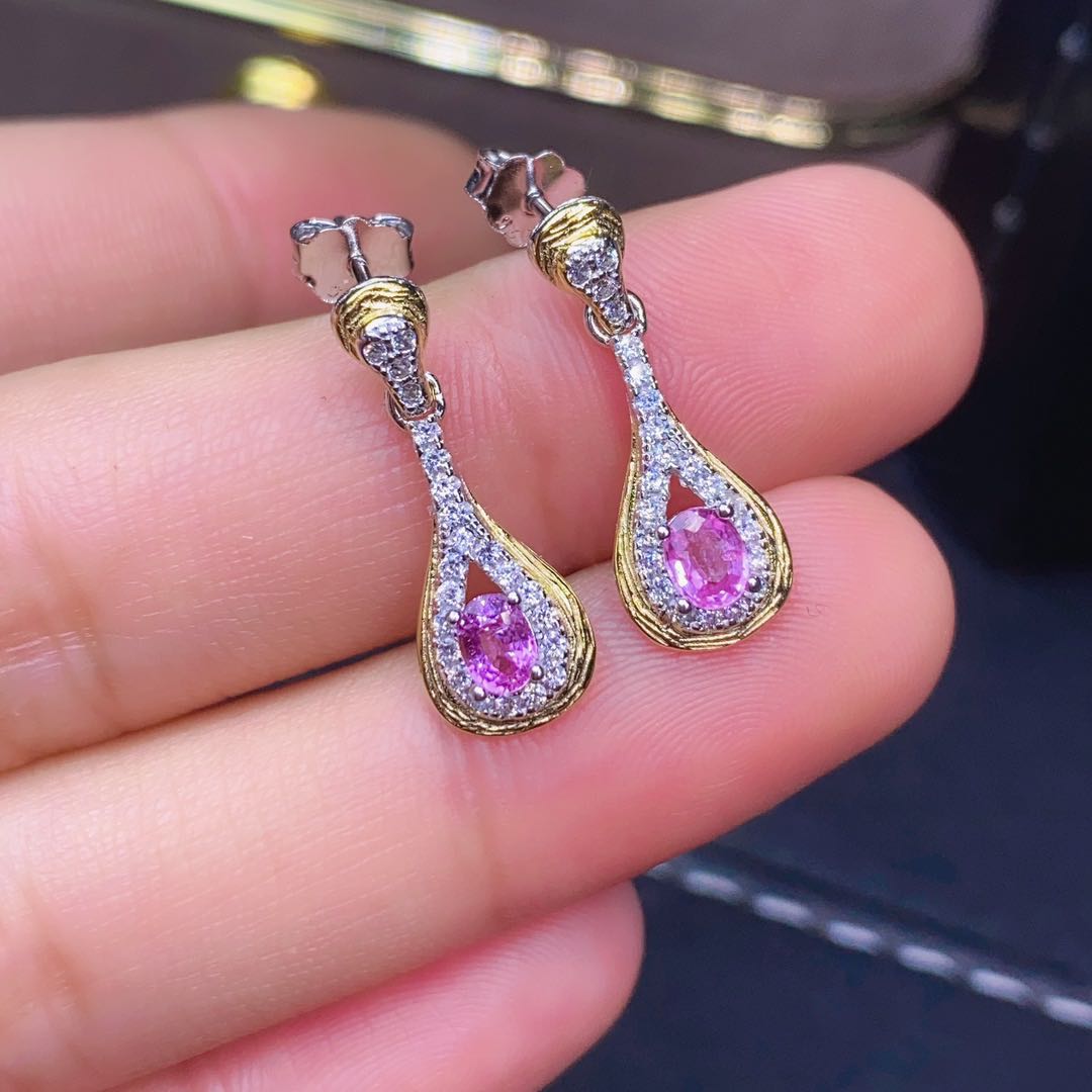 新款晶体精工4mm925通透粉嫩无烧宝石耳钉蓝宝耳环