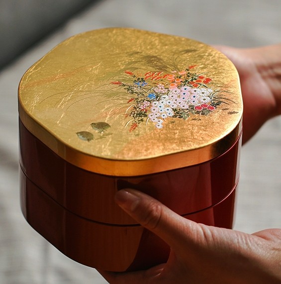 漆器食盒日本进口山中みやひ秋金箔花重日式食物收纳盒
