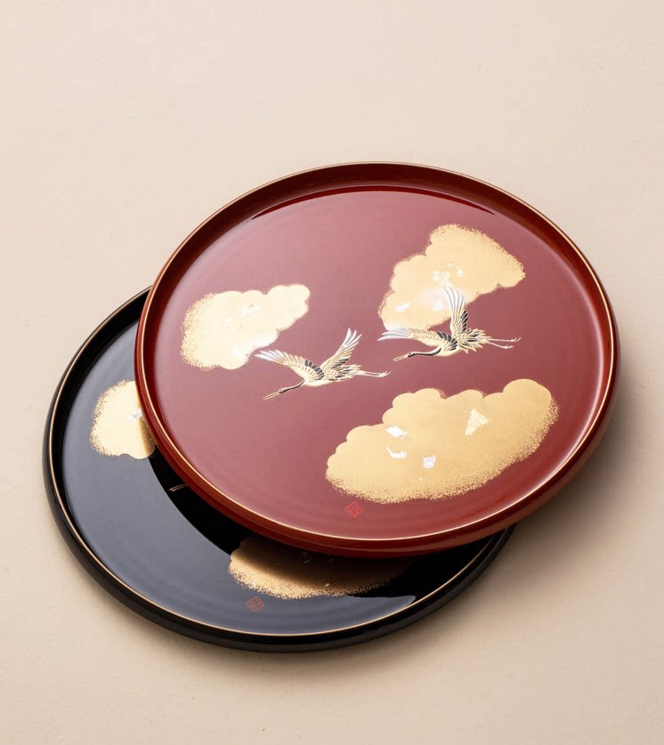 日本进口山中漆器厘米云鹤托盘仙鹤丸盆日式茶盘