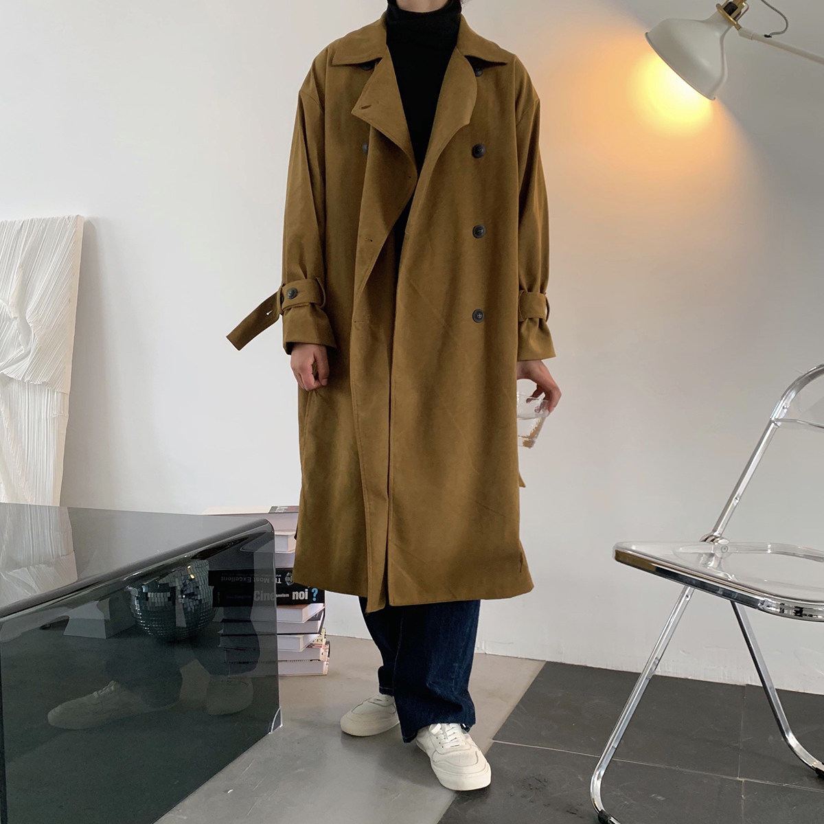 三七叔中长款风衣男韩版潮流复古麂皮绒休闲外套气质休闲宽松大衣