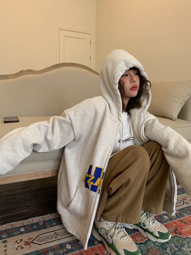 卤卤lulu  卫衣女加绒加厚2021年新款冬宽松韩版连帽开衫字母外套