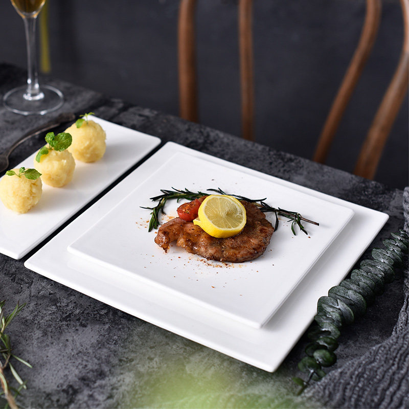 纯白陶瓷餐具创意正方形平板盘子西餐牛排冷餐盘