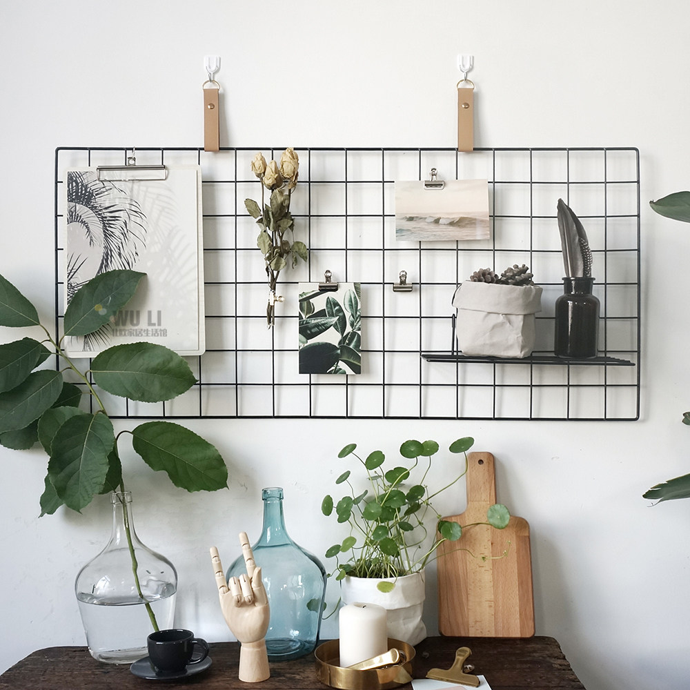 ins北欧墙壁壁饰网格照片铁丝网创意留言板卧室壁饰