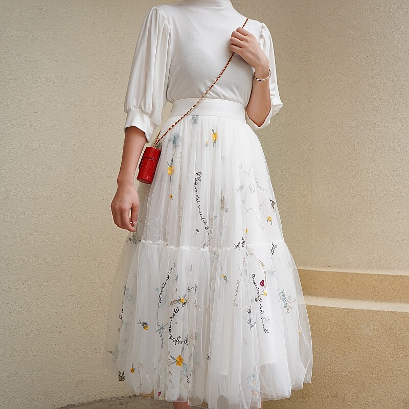 亦克清新蓬蓬高腰中长纱裙百褶女裙阿瑟仙女半身裙