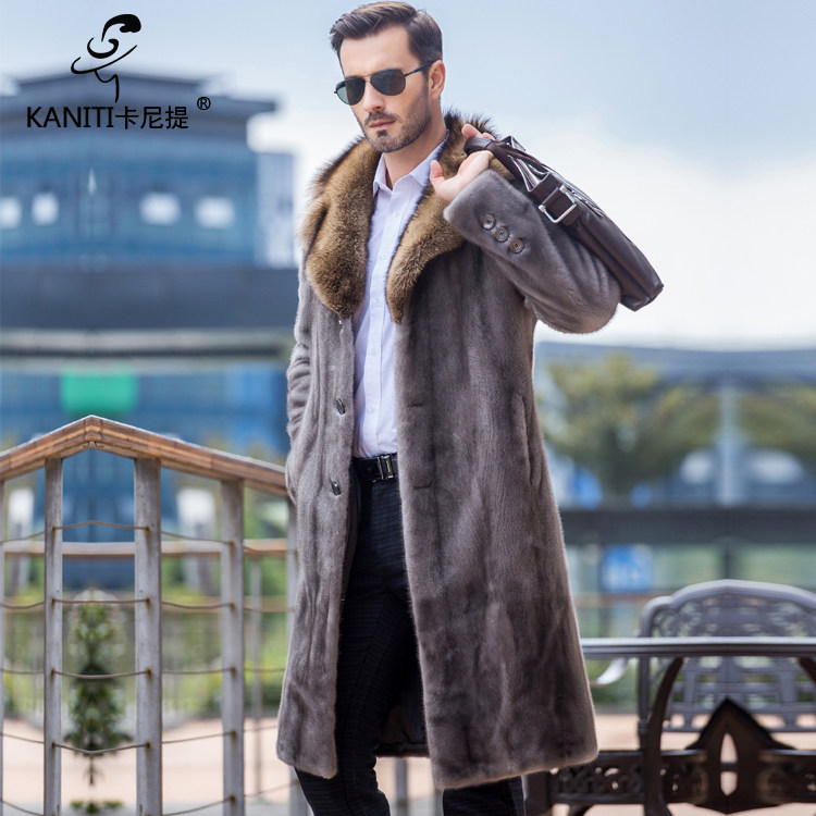 天鹅绒美国灰貂整水貂皮大衣男款裘皮皮草长款皮衣