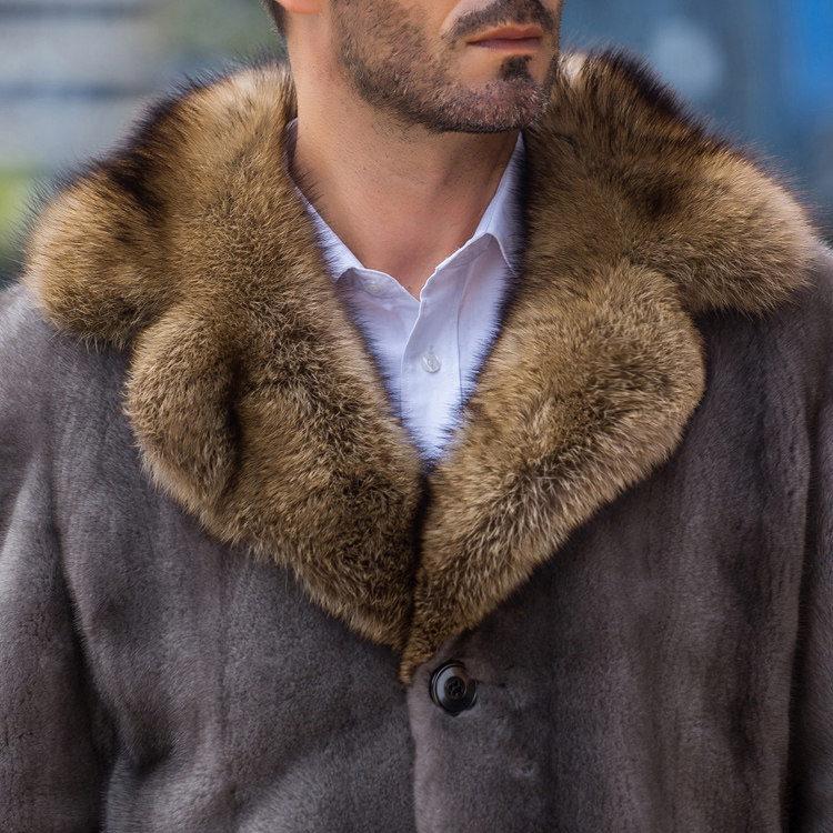 天鹅绒美国灰貂整水貂皮大衣男款裘皮皮草长款皮衣