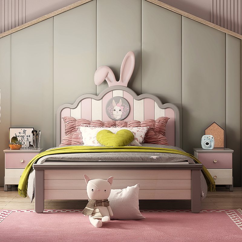 北欧欧儿童床粉色兔耳床头网红公主ins学生儿童床