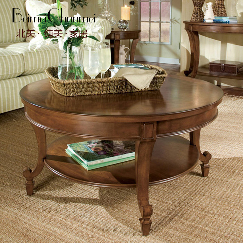 美式茶桌实木乡村功夫功夫茶圆形小户户型电视柜茶几