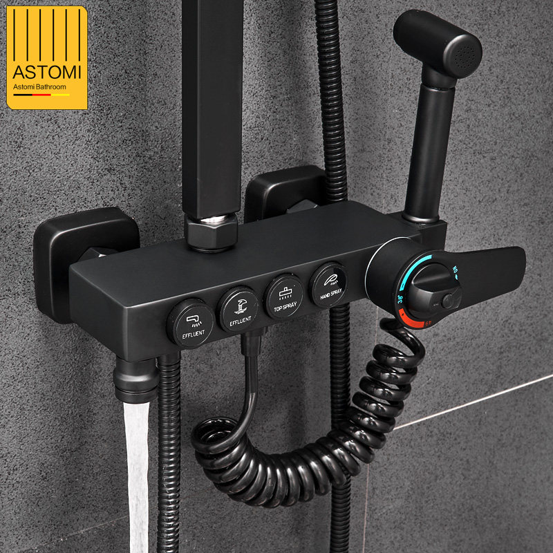 黑色全铜欧式浴室智能恒温淋雨按键淋浴花洒淋浴花洒龙头(套装)