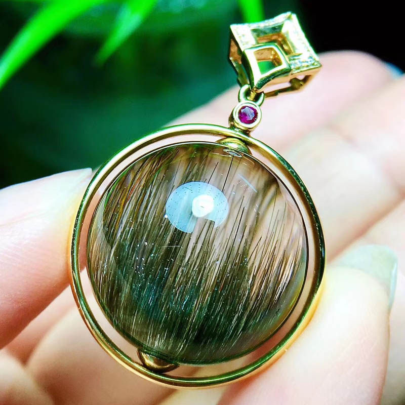 魅晶天然原色绿发猫眼幽灵聚宝盆绿绿兔毛水晶项坠