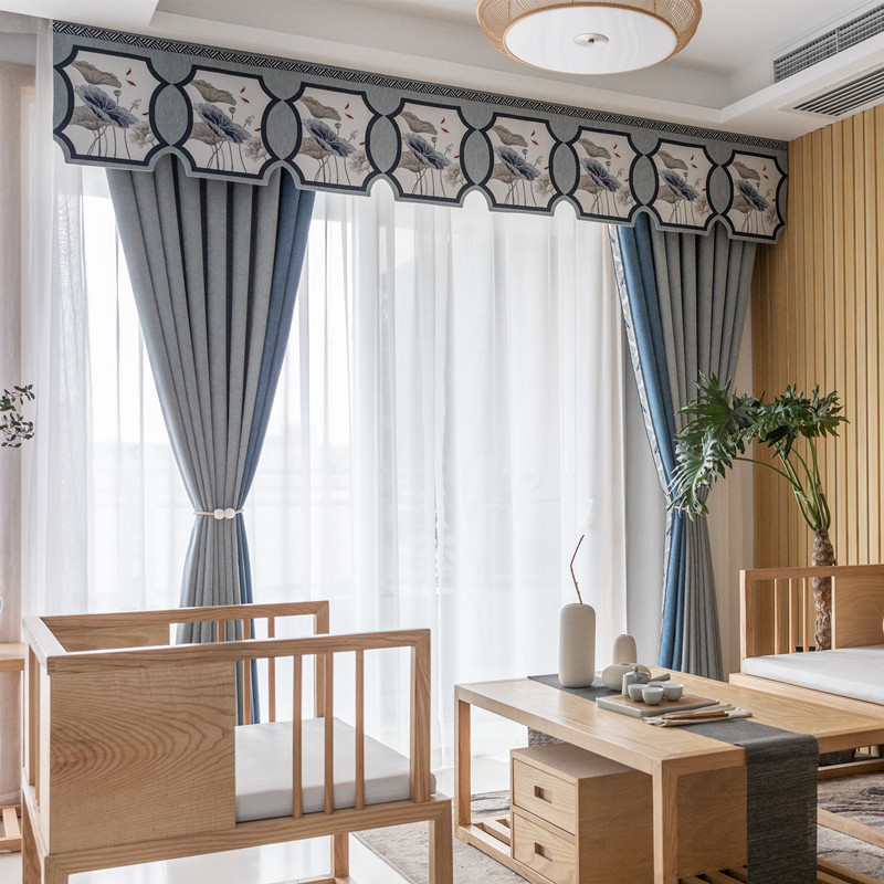 荷塘月色锦鲤窗帘布遮光雪尼尔帘头平幔荷花新中式卧室定制窗帘