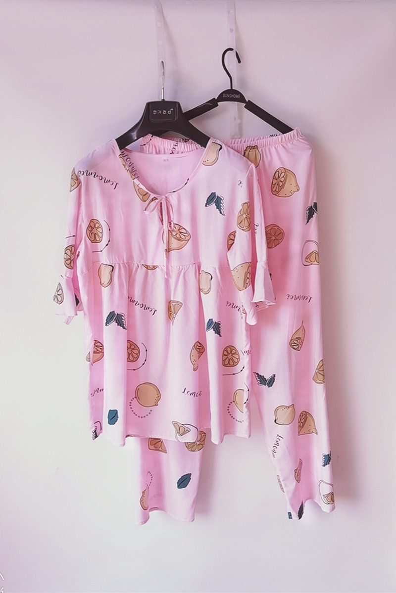 韩版棉睡衣女夏中袖长裤绵绸家居服人造棉两件套装睡衣