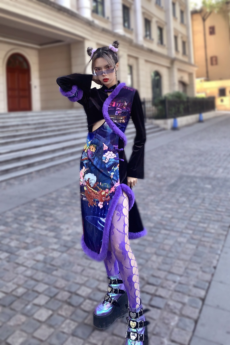 扇妒自制改良旗袍赛博朋克新式国风女装辣妹旗袍