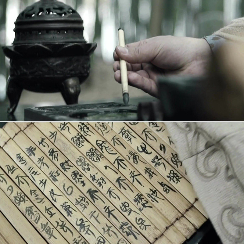 唯美秀丽竹林景色古代文人林间墨砚书写竹简书法高清视频实拍素材