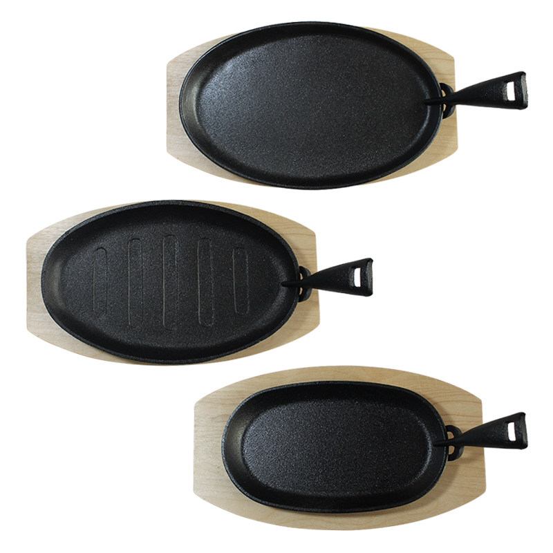 敬辉铸铁烤盘烤肉烤肠铁板烧椭圆形带木底座叉子煎锅