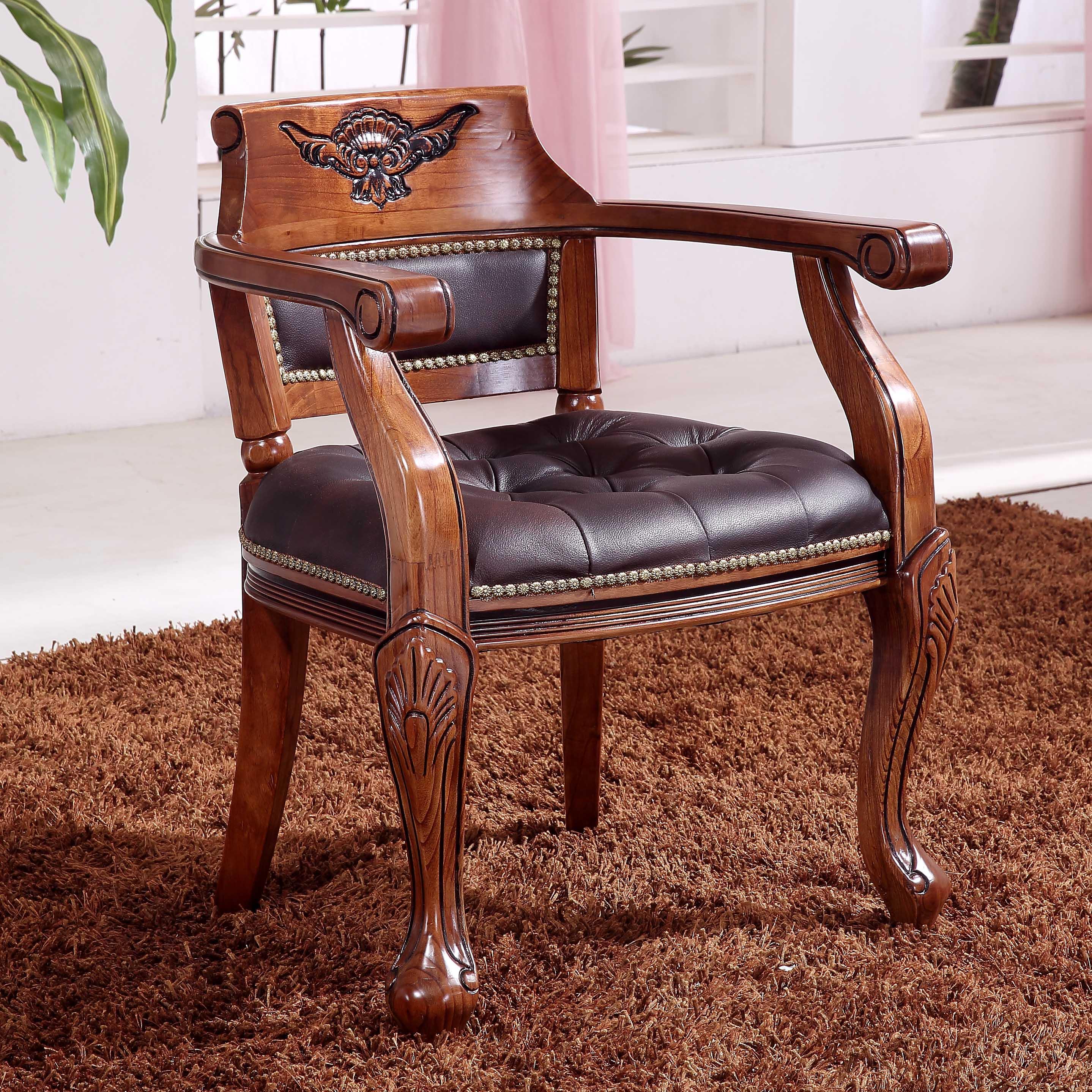 欧式真皮靠背餐椅美式实木雕花扶手酒店围椅围椅