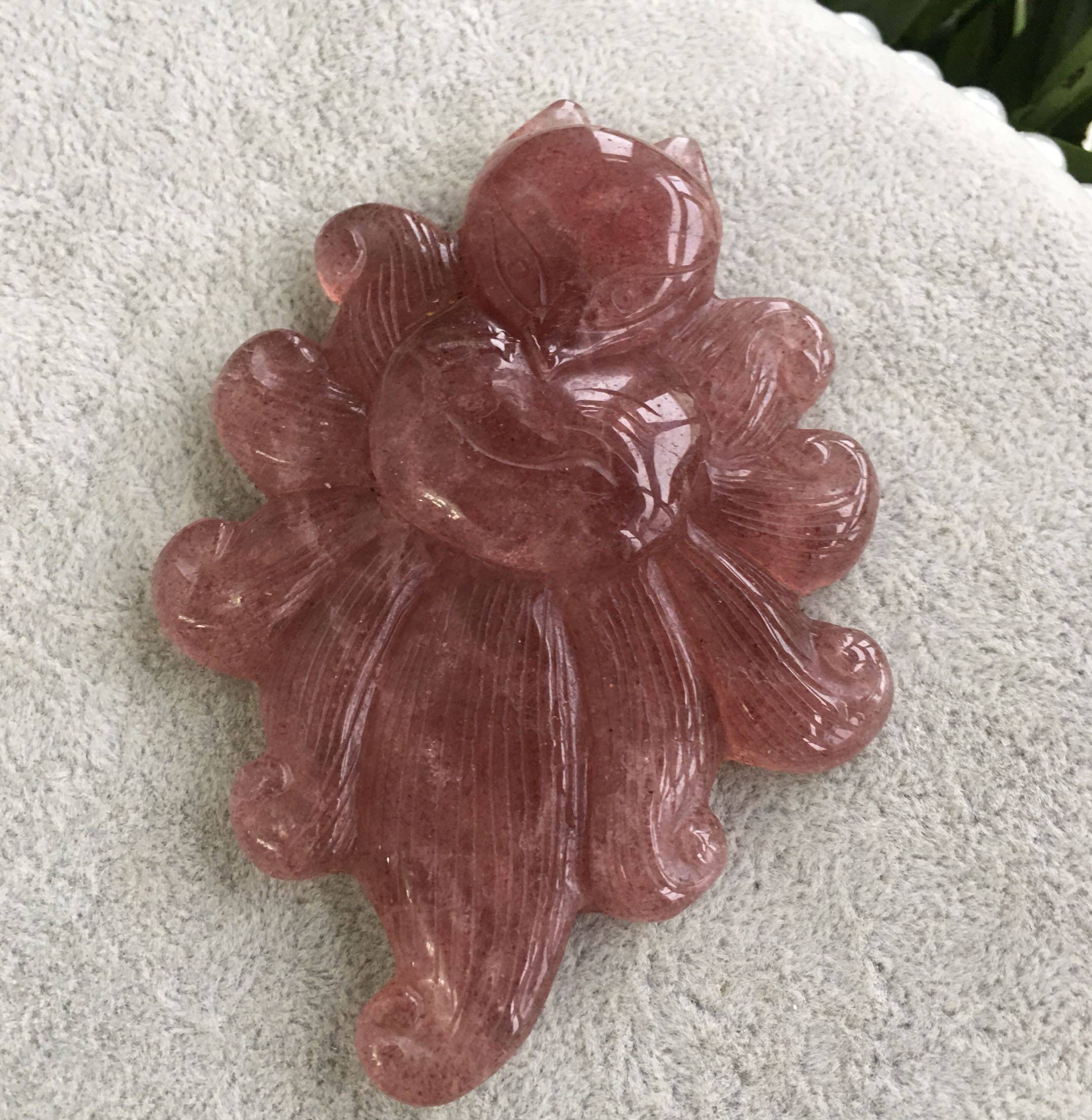 摆件新款现货天然草莓晶大九尾狐手工雕刻立体摆件