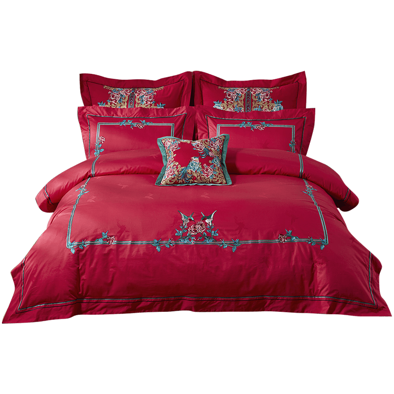 罗莱家纺八件套红色结婚8件套婚庆全棉提花被套床单纯棉床上用品