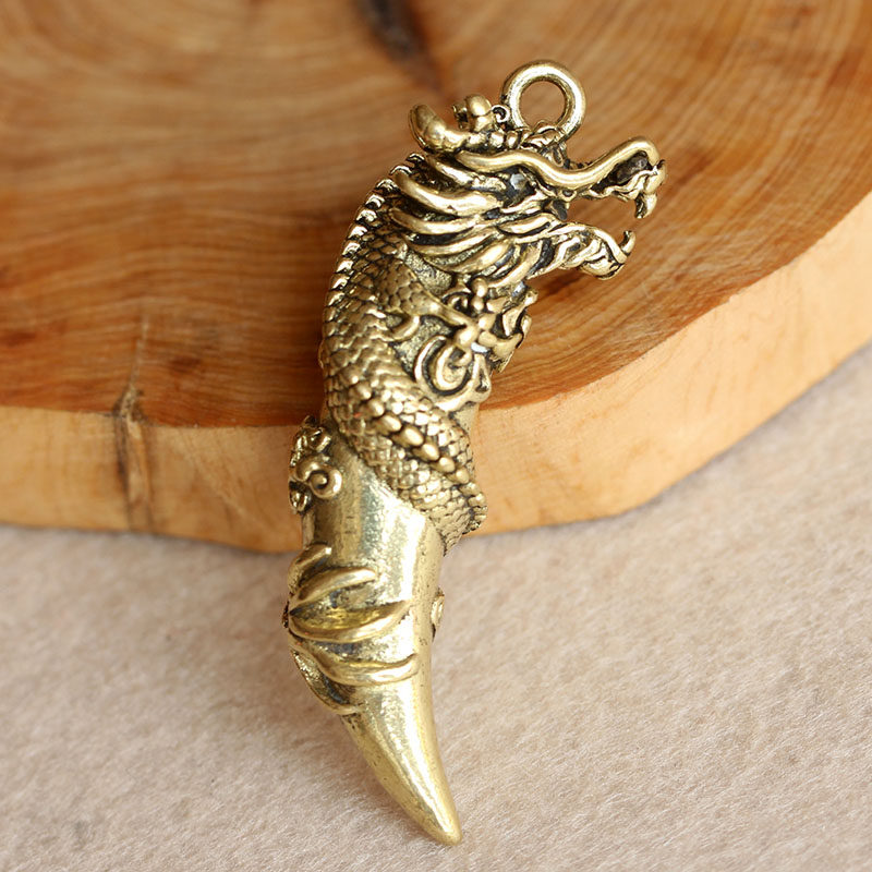 创意黄铜钥匙扣纯铜手工盘龙龙牙小挂件钥匙扣