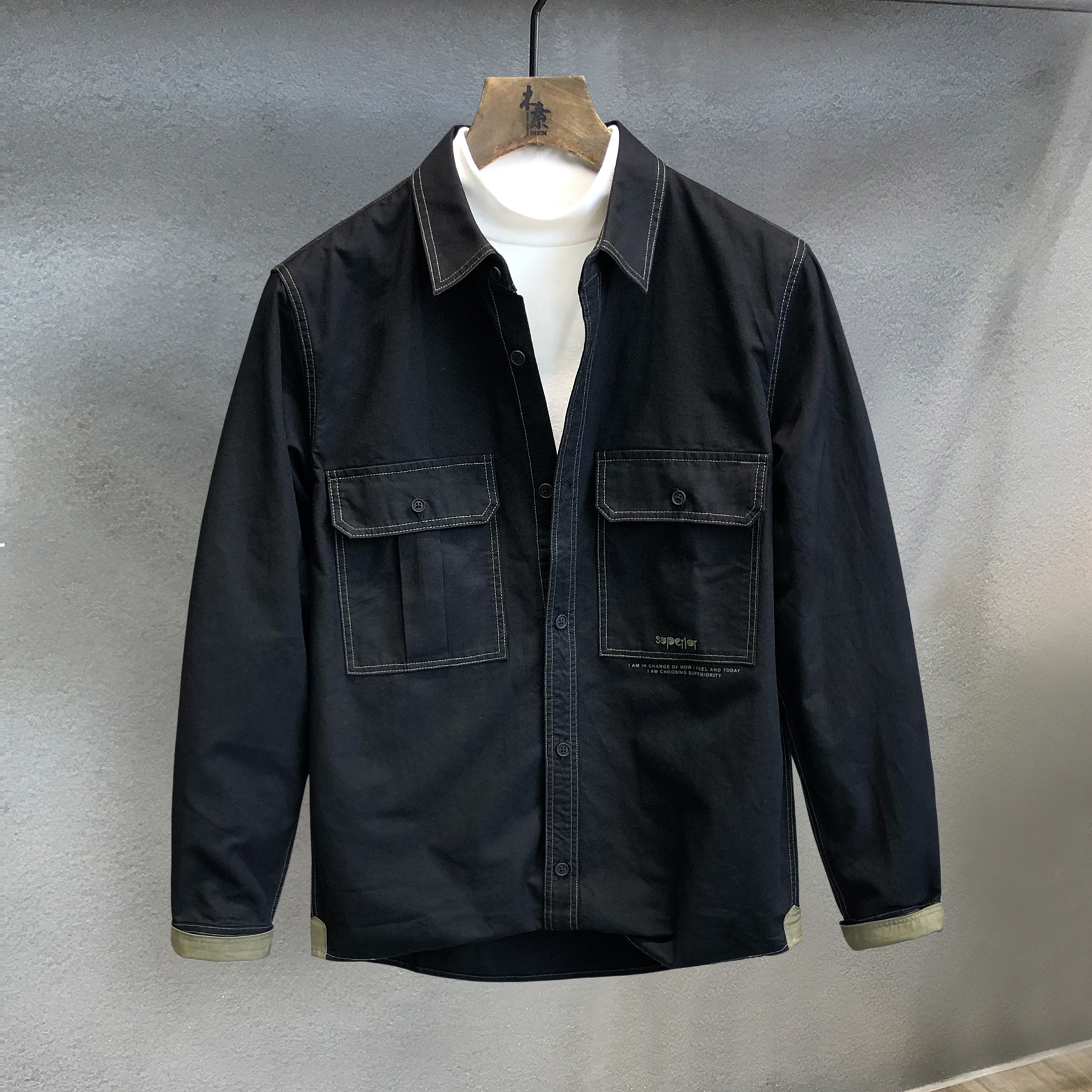 帅气高端设计师款休闲港风黑色衬衫男士春季潮流长袖衬衣男装外套