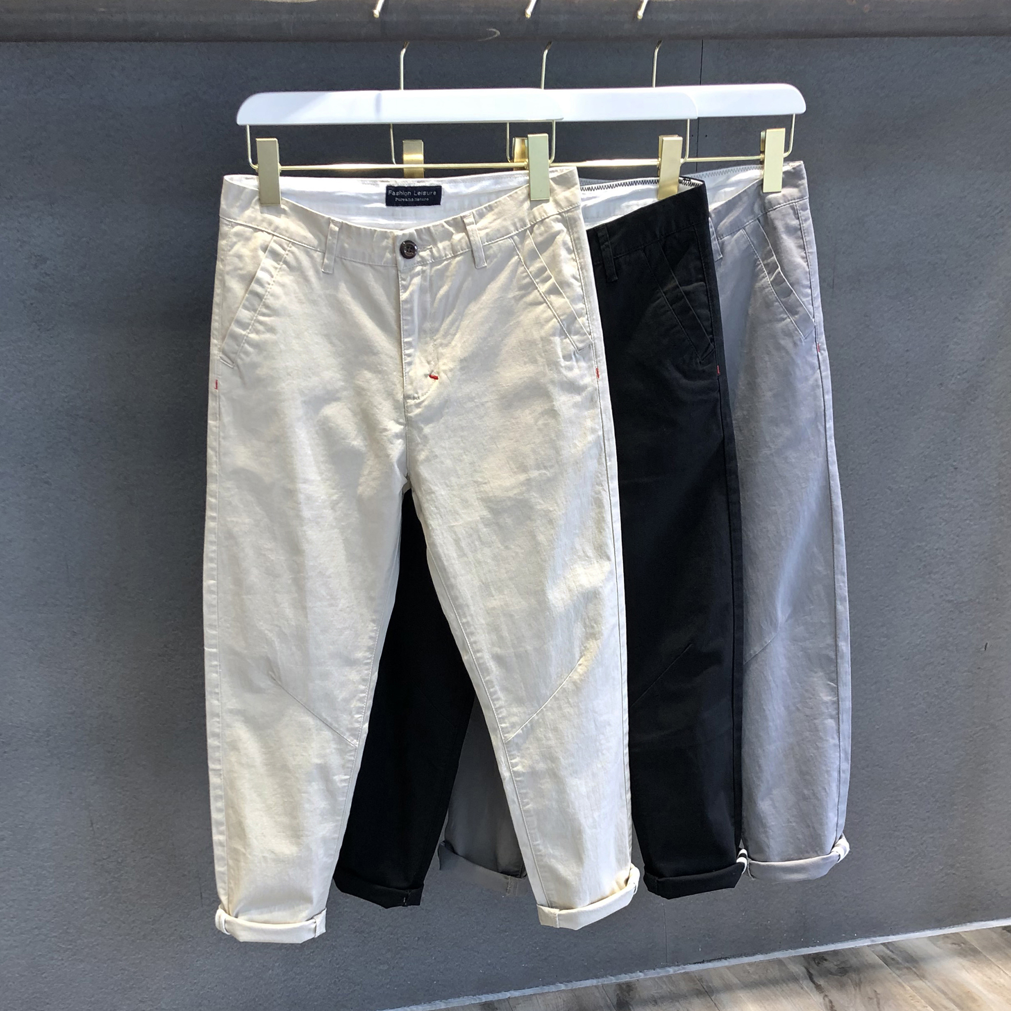 素色百搭九分休闲裤男士修身小脚裤韩版潮流2022九分裤男裤子春季