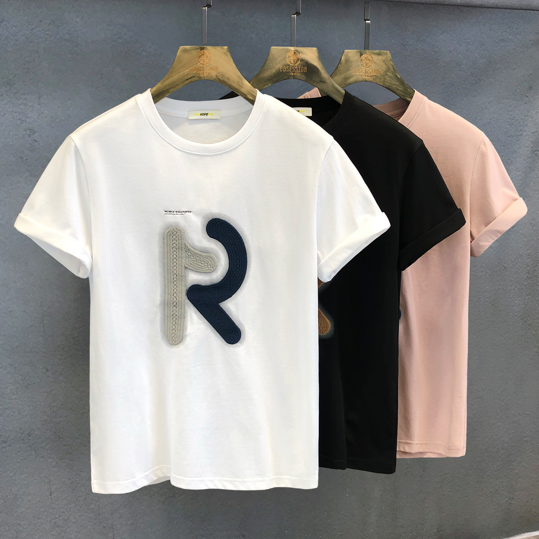 玉锦冰丝棉重工艺R刺绣夏季薄款短袖t恤男士休闲白色圆领衣服体恤