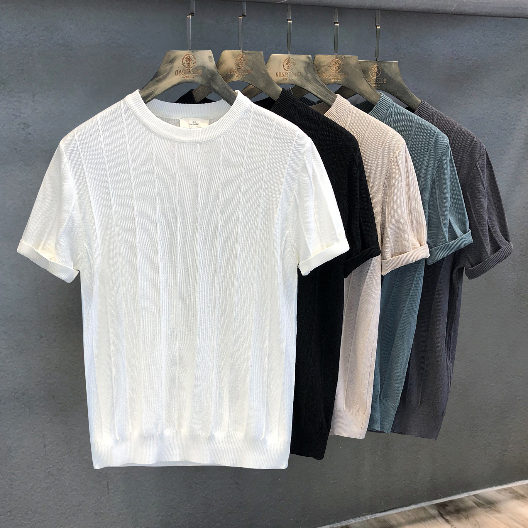 2022高端特殊面料华夫格气质潮牌短袖t恤男士上衣夏季百搭男衣服