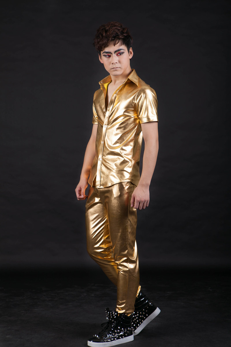 男装夜店舞台演出服男歌手酒吧闪亮黄金个性金色休闲裤