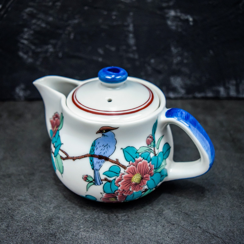茶壶日本进口九谷烧陶瓷牡丹花鸟带滤网美美山茶壶