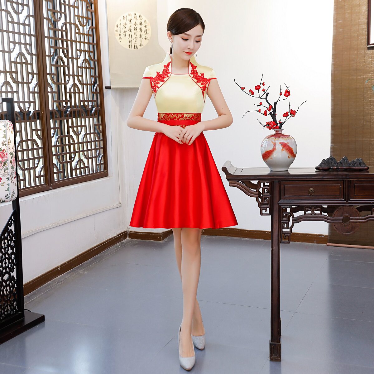 礼仪旗袍迎宾礼服长款红绿青花瓷酒店学生礼仪服装年会迎宾礼服新