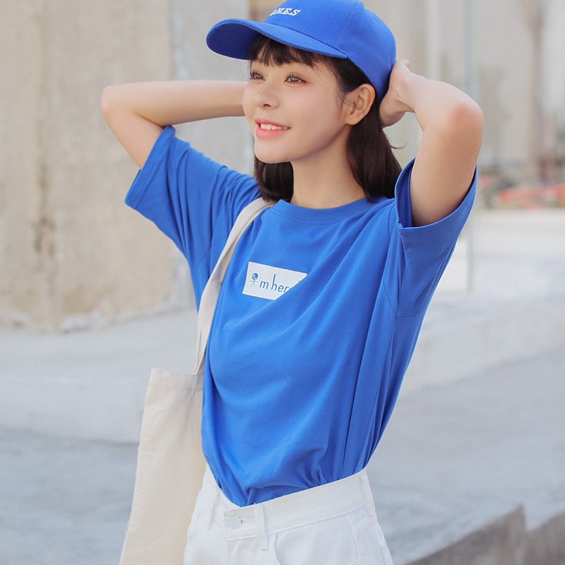 蚂蚁q娃蓝色短袖t恤女2019夏季新款宽松网红百搭ulzzang半袖上衣