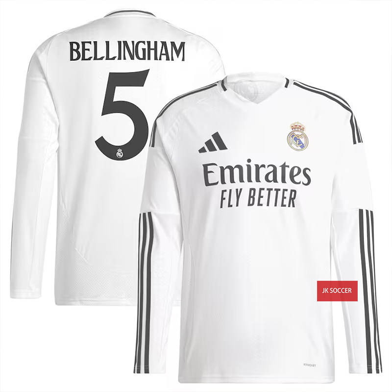 西甲2425赛季皇马主场长袖球衣5号贝林厄姆姆巴佩球员版足球队服
