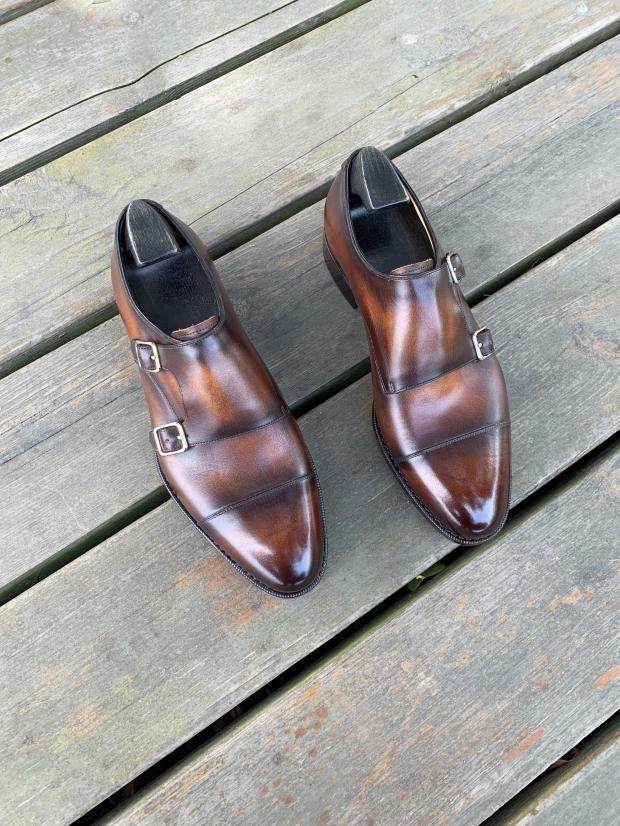 固伦正装绅士皮鞋男孟克三接头款头层小牛单鞋