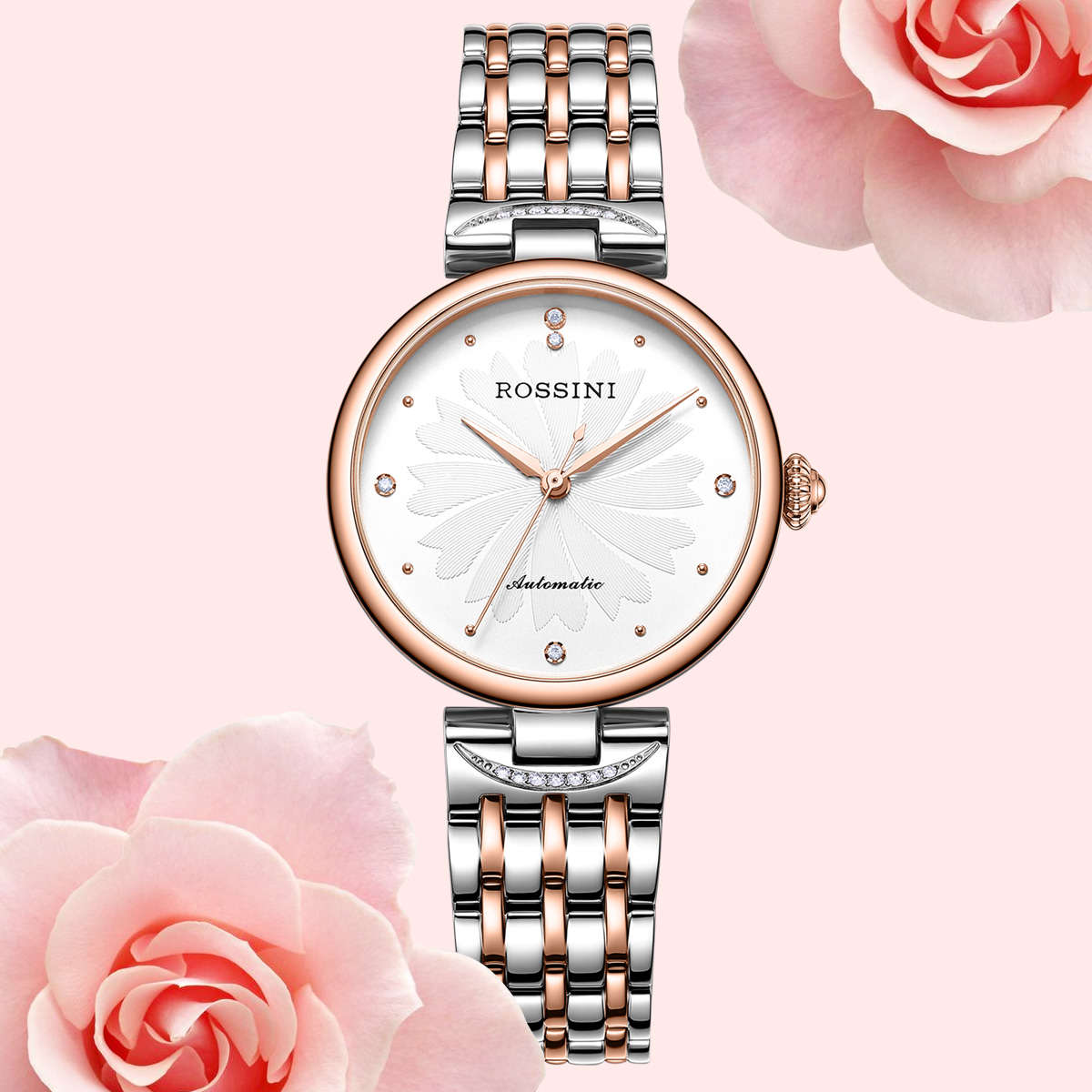 罗西尼ins风玫瑰金女表机械女表