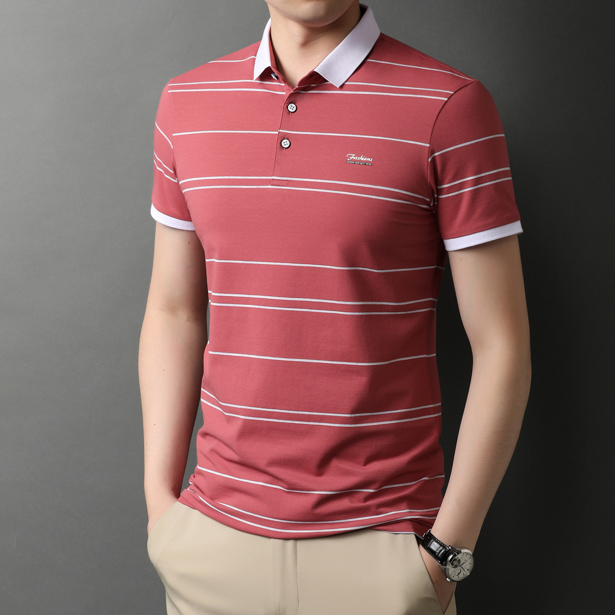 短袖恤男翻领潮流条纹夏季男士带领中青年商务t恤