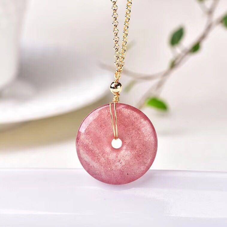 正品天然草莓平安扣吊坠粉红色水晶转运圆环项链项坠